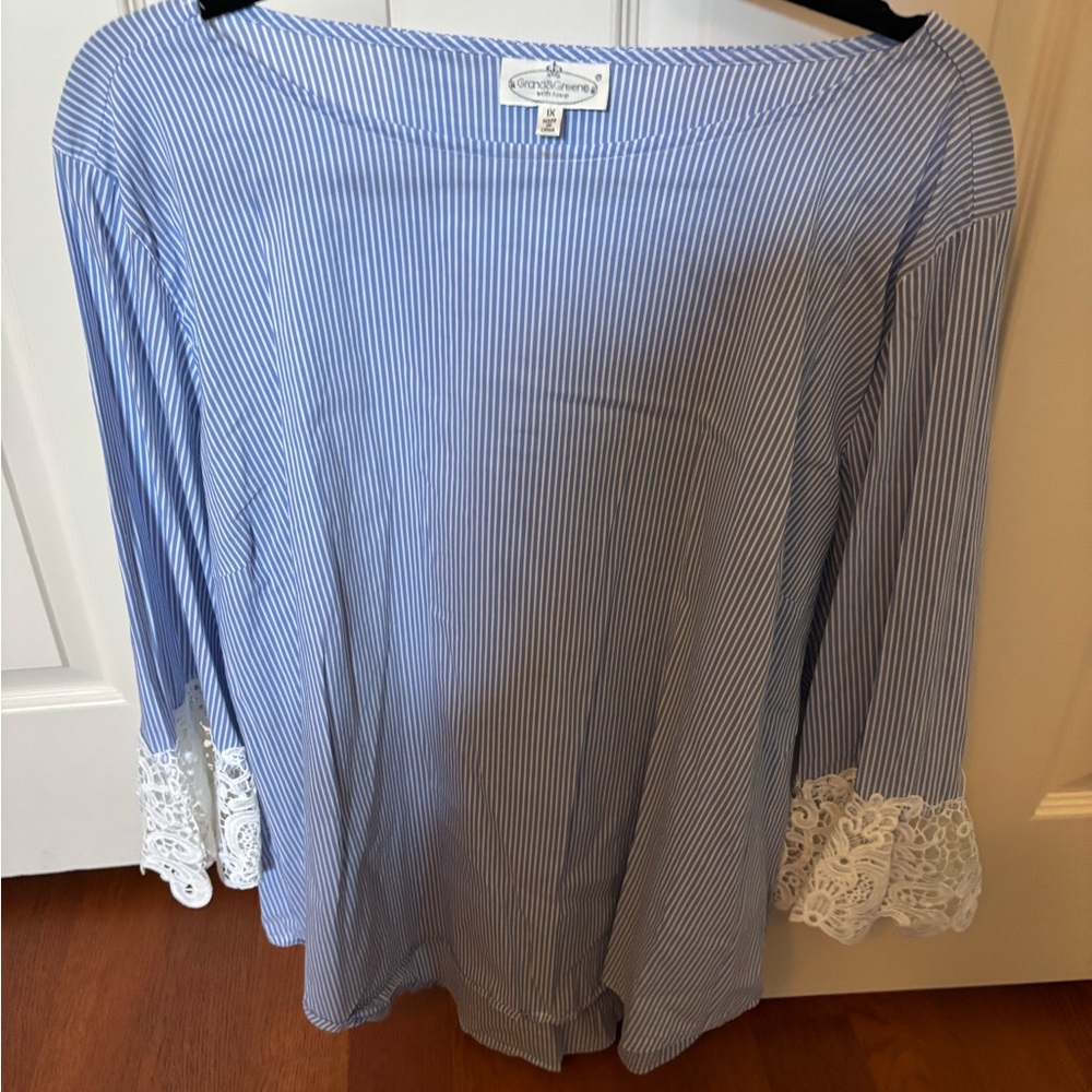 grand & greene Blue and White Striped Lace-Cuff Tunic